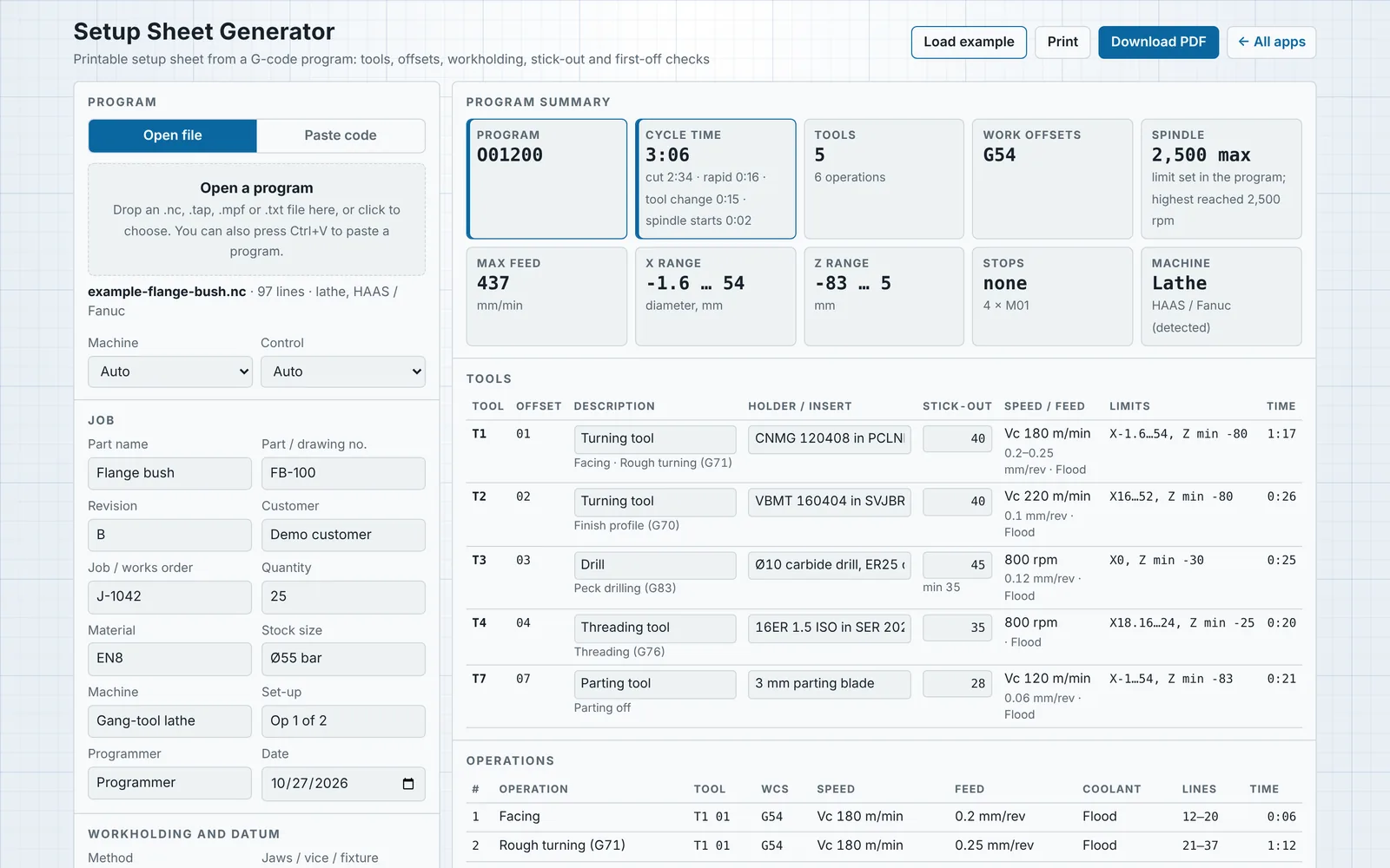 Setup Sheet Generator with a lathe program read into a tool list, operation sequence and first-off checks